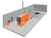 Eine technische Zeichnung von einer Gelenkarmaustragung zu einer Holzfeuerung von Schmid.